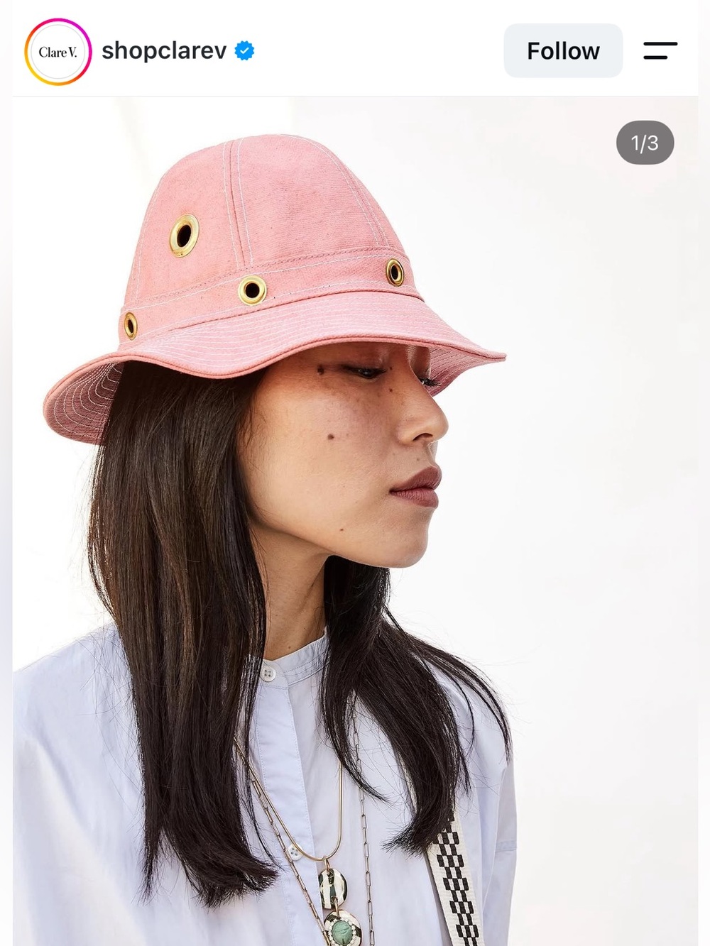 Clare V Pink Eyelet Bucket Hat with Gold Grommets